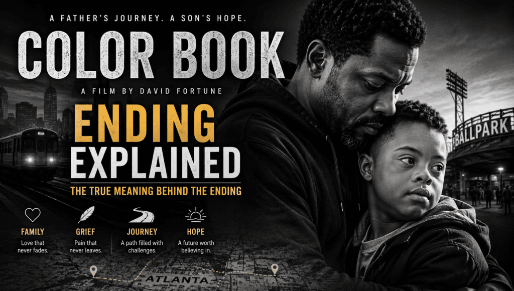 Color Book (2026) Ending Explained banner showing a grieving father embracing his son in a dramatic black-and-white cinematic scene.