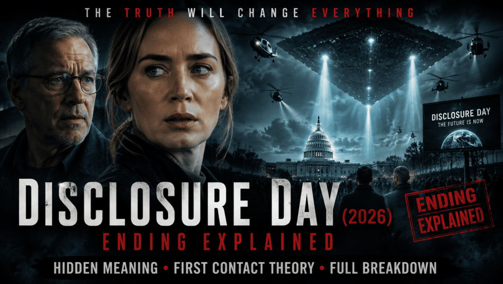 Disclosure Day (2026) Ending Explained banner featuring a dark cinematic sci-fi scene with mysterious characters, a massive alien spacecraft above Washington D.C., helicopters, and dramatic lighting symbolizing first contact and hidden truths.