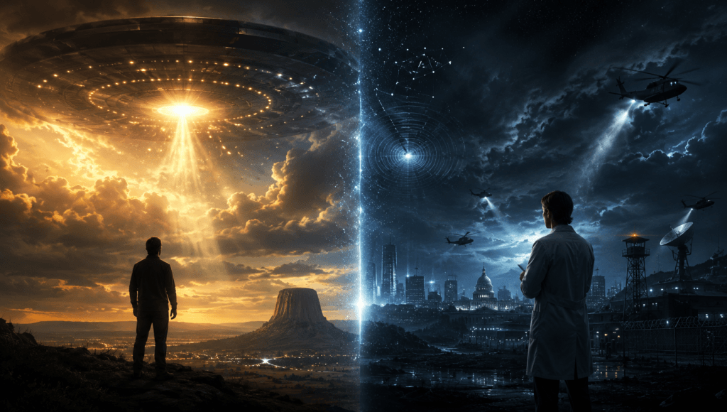 Disclosure Day vs Close Encounters cinematic banner showing a glowing UFO on one side and a dark government conspiracy scene on the other, representing Steven Spielberg's sci-fi evolution.