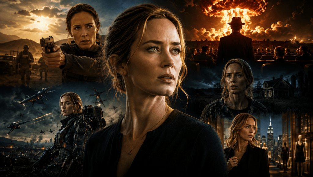 Emily Blunt's greatest movie performances ranked, featuring cinematic scenes inspired by Sicario, Edge of Tomorrow, Oppenheimer, A Quiet Place, and The Devil Wears Prada.