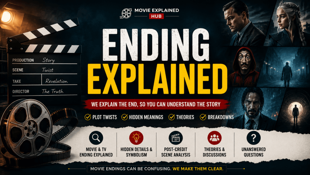Ending Explained category banner featuring movie analysis, plot twists, hidden meanings, and story breakdowns