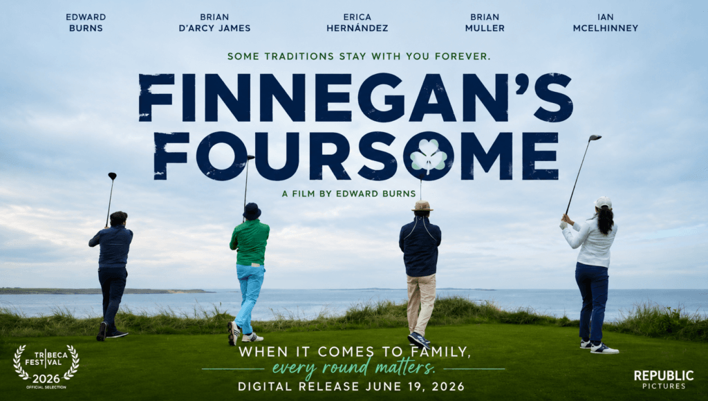 Promotional banner for Finnegan's Foursome (2026) showing four family members playing golf on a scenic Irish coastal course, symbolizing family, grief, forgiveness, and tradition.