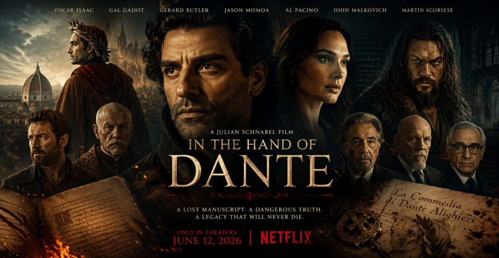 Official In the Hand of Dante (2026) movie poster featuring Oscar Isaac as Dante Alighieri and Nick Tosches alongside Gal Gadot, Jason Momoa, Al Pacino, John Malkovich, and Martin Scorsese.