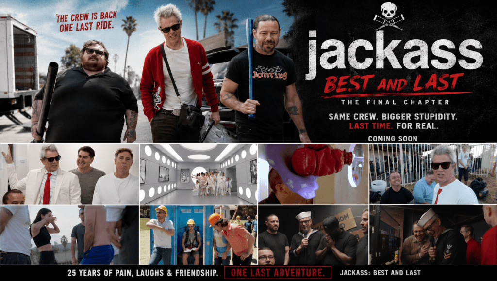 Jackass Best and Last movie banner featuring the iconic Jackass crew in a collage of stunts, behind-the-scenes moments, and comedy sequences from the upcoming farewell film.