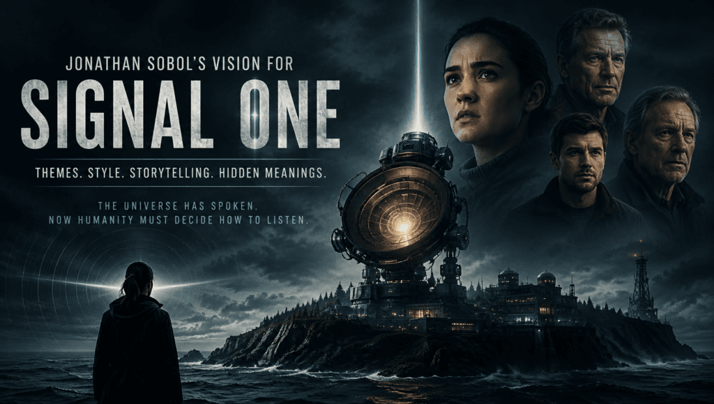 Dark cinematic artwork inspired by Signal One (2026), featuring a mysterious island research facility, a futuristic alien communication machine, and scientists exploring first contact with extraterrestrial intelligence.