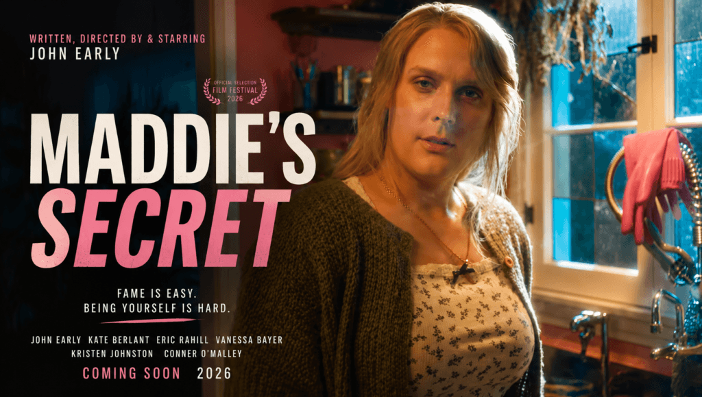Maddie's Secret 2026 movie poster featuring John Early in a kitchen setting exploring influencer culture and personal identity