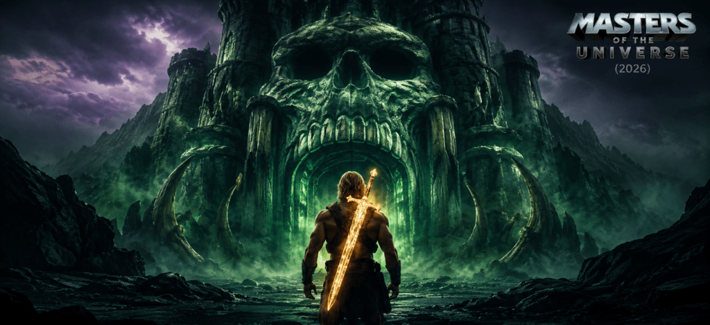 A high-definition cinematic shot of Nicholas Galitzine as He-Man, standing heroically in a metallic loincloth, holding the glowing Power Sword toward the sky with Castle Grayskull in the background.