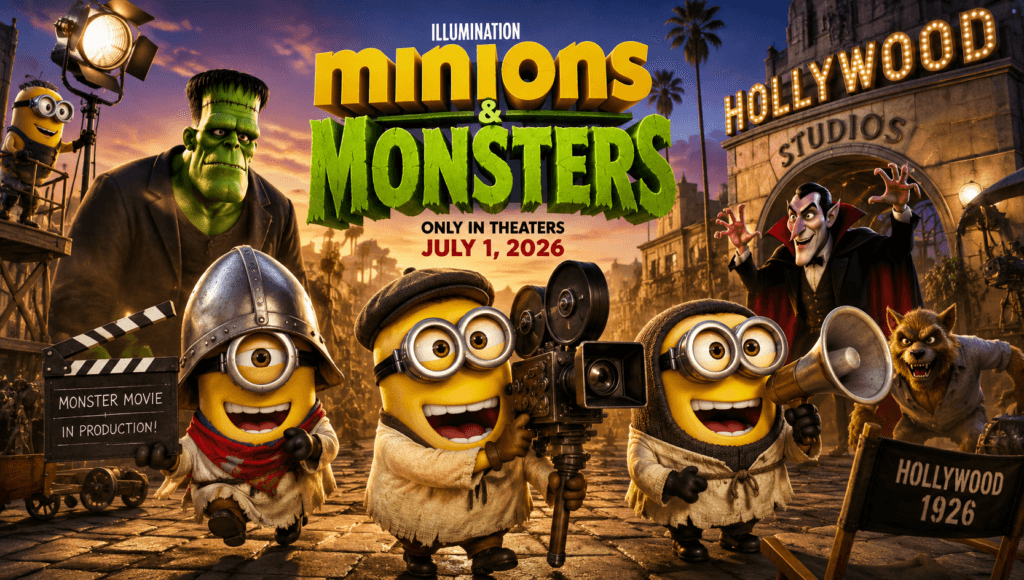 Minions & Monsters (2026) banner featuring Minions filming a monster movie in 1920s Hollywood with classic monster-inspired characters.