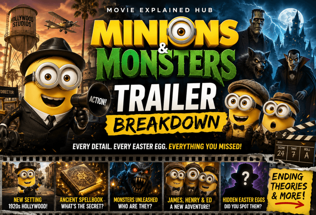 Minions in 1920s Hollywood during a scene from the Minions & Monsters (2026) official trailer, featuring hidden details and story clues.
