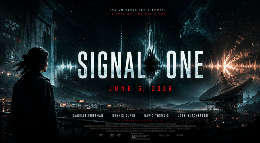Signal One sci-fi movie banner featuring a mysterious waveform signal, a lone woman facing the darkness, and the release date June 5, 2026.