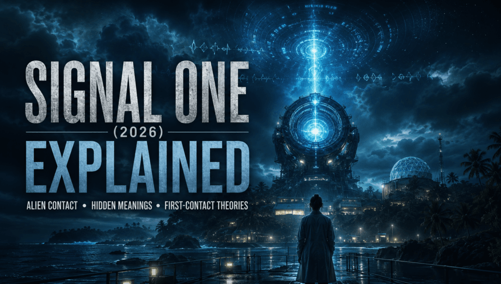 Signal One (2026) cinematic banner featuring the LITTLEMOUTH alien communication machine on a remote island research facility at night.