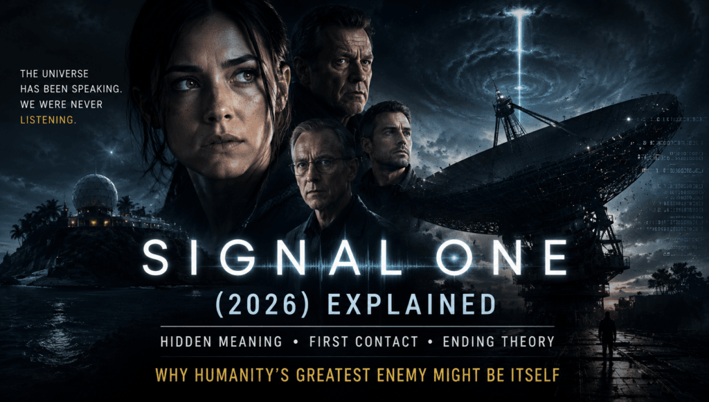 Signal One (2026) Explained banner featuring a dark cinematic sci-fi scene with a giant satellite dish, mysterious signal beam, remote island laboratory, and the main characters against a dramatic night sky.