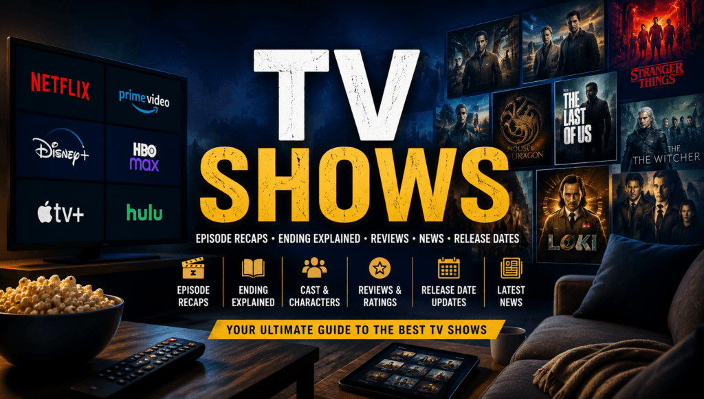 TV Shows category banner featuring streaming platforms, television series, episode recaps, reviews, and release date updates