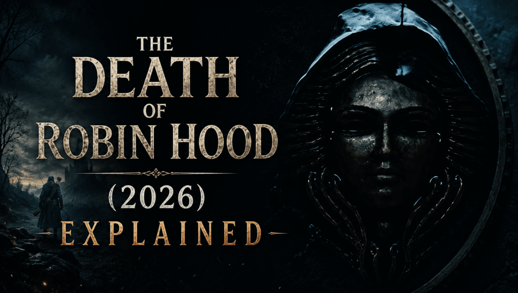 Dark cinematic banner for The Death of Robin Hood (2026) Explained featuring a mysterious medieval hooded figure and atmospheric fantasy imagery.
