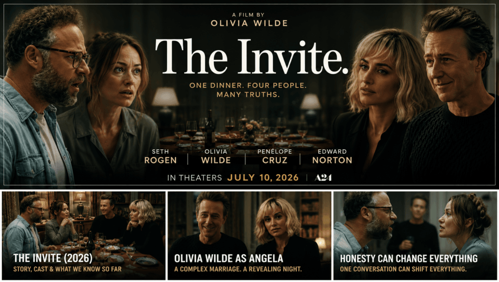 The Invite (2026) official movie banner featuring Seth Rogen, Olivia Wilde, Penélope Cruz, and Edward Norton during a tense dinner gathering in the A24 comedy-drama directed by Olivia Wilde.