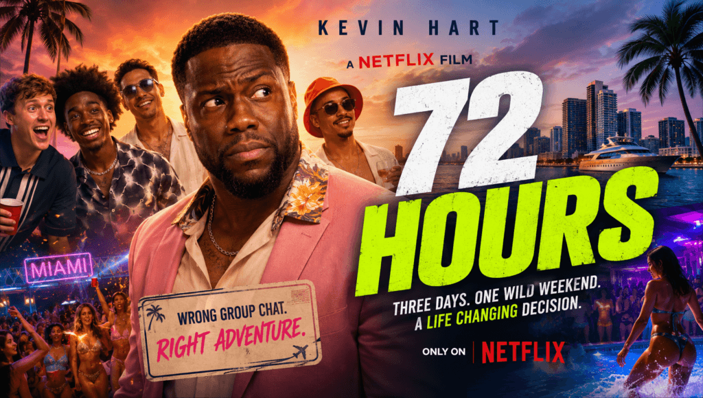 Kevin Hart in 72 Hours (2026) during a chaotic Miami bachelor party weekend featured in the Ending Explained banner for the Netflix comedy.