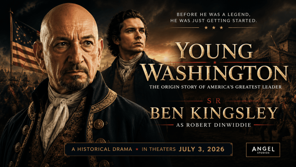 Ben Kingsley as Robert Dinwiddie in Young Washington (2026) promotional banner featuring the historical drama