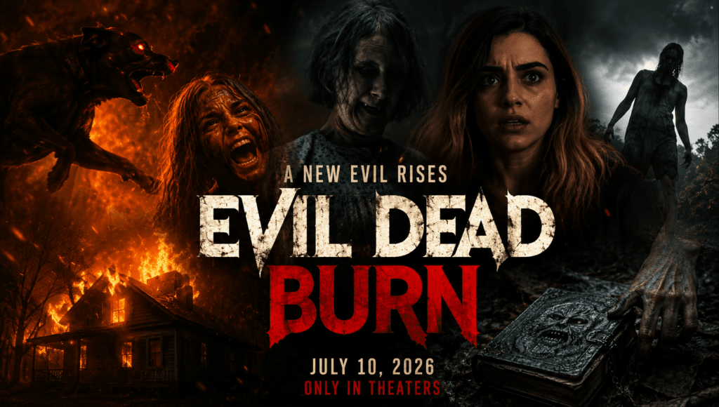 Evil Dead Burn (2026) banner featuring Alice, Deadites, a burning house, and terrifying scenes from the official trailer