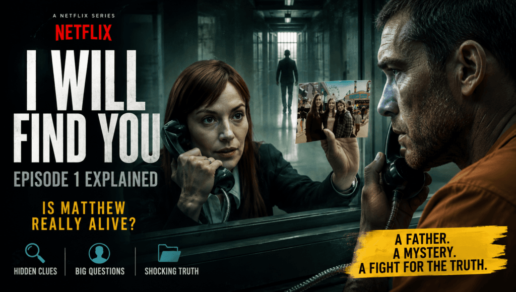 I Will Find You Episode 1 Explained banner featuring David Burroughs and Rachel with Matthew's photo in the Netflix series