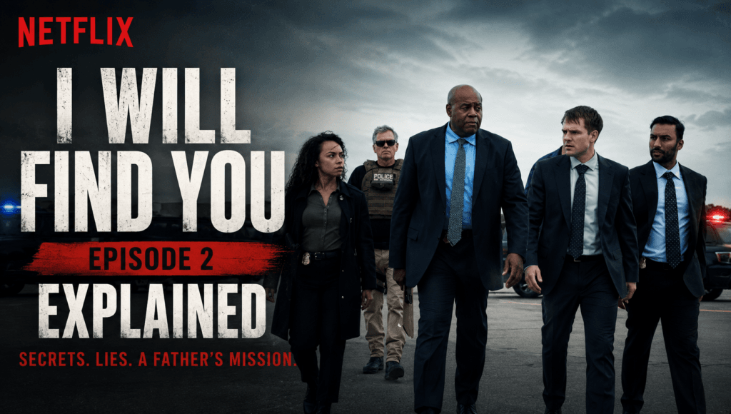 I Will Find You Episode 2 Explained banner featuring a tense police standoff from the Netflix thriller series