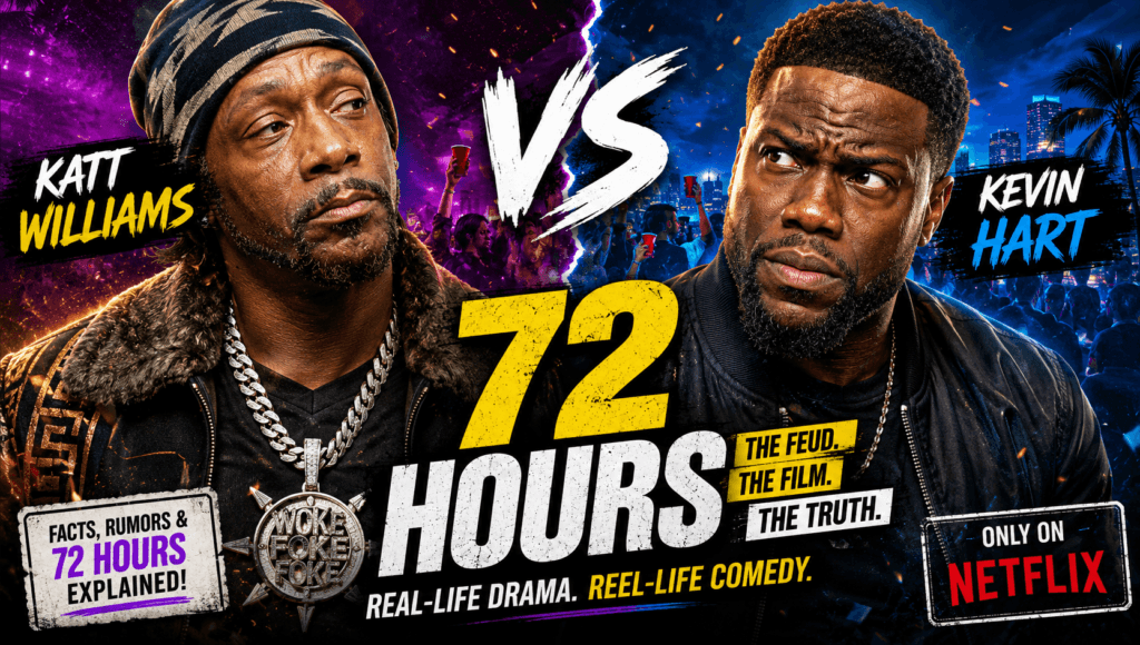 Katt Williams and Kevin Hart featured in a split-design banner discussing their public feud and whether it is connected to Netflix's 72 Hours movie.