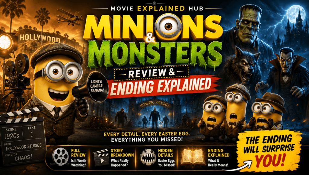 Minions & Monsters ending explained banner featuring the Minions, classic movie monsters, and a 1920s Hollywood backdrop.