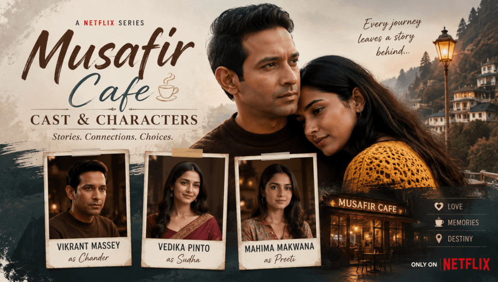 Musafir Cafe cast featuring Vikrant Massey, Vedika Pinto, and Mahima Makwana in the Netflix romantic drama
