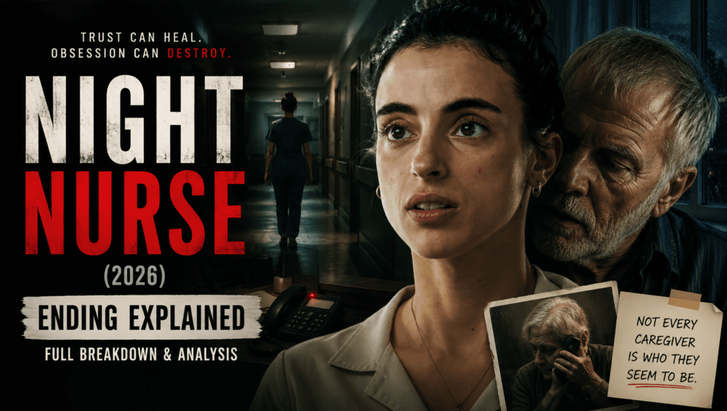 Night Nurse (2026) ending explained banner featuring Eleni and Douglas in a psychological thriller set inside a retirement home