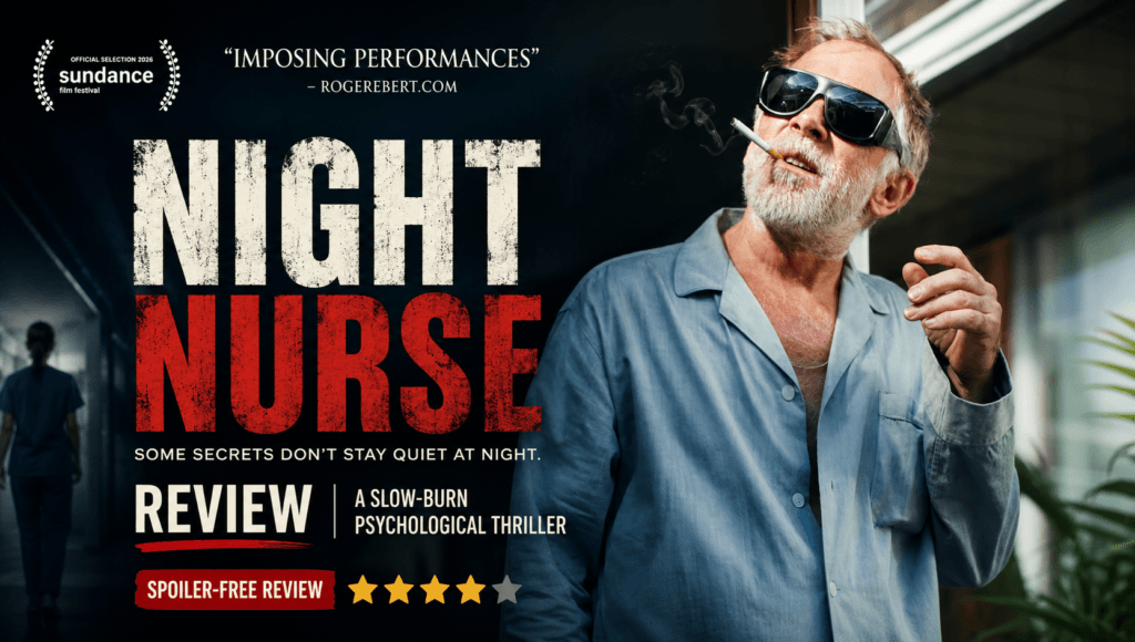 Night Nurse (2026) review banner featuring Bruce McKenzie as Douglas in the psychological thriller directed by Georgia Bernstein.