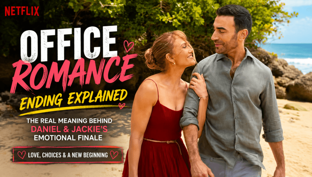 Daniel Blanchflower and Jackie Cruz in Office Romance Ending Explained banner featuring their emotional beach reunion and final scene analysis.