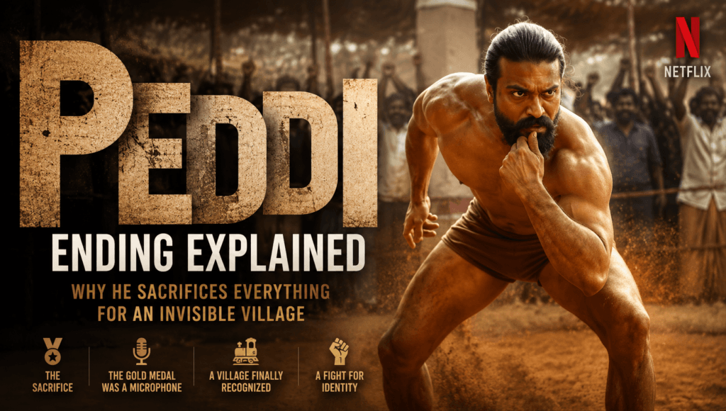 Peddi Ending Explained banner featuring Ram Charan during an intense sports scene with the title "Peddi Ending Explained."