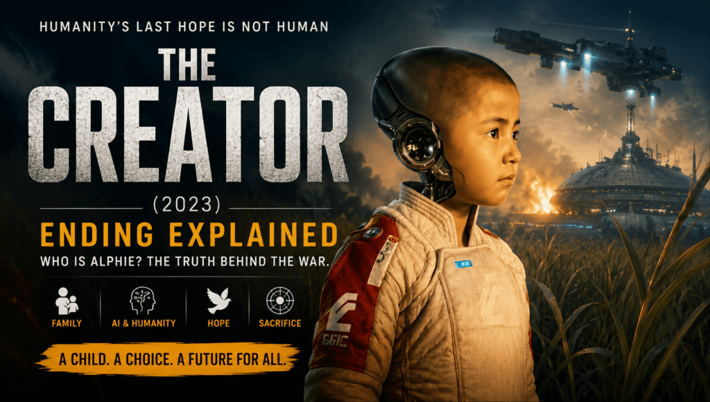 The Creator (2023) Ending Explained banner featuring Alphie with NOMAD in the background