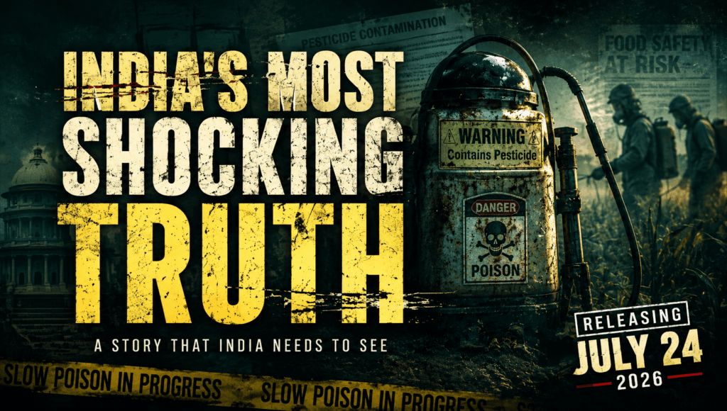 The India Story Slow Poison in Progress 2026 banner featuring India's Most Shocking Truth with a pesticide warning and release date July 24, 2026.