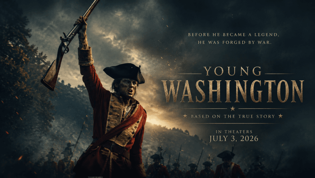 Young George Washington raises a musket during an intense battlefield scene in the cinematic Young Washington (2026) movie banner.