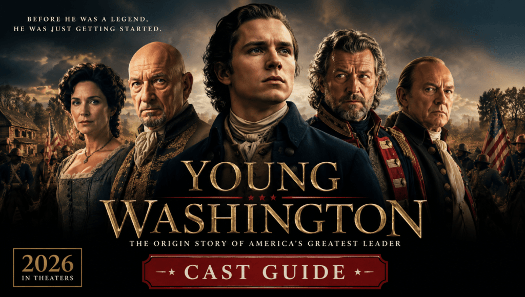 Young Washington cast guide banner featuring the confirmed actors and historical figures from the 2026 historical drama