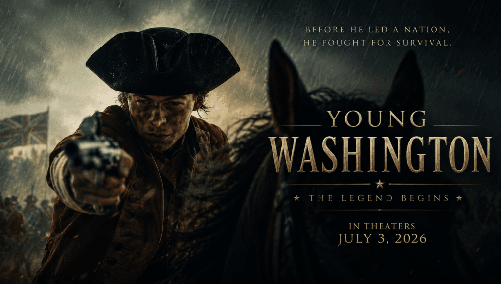 Young George Washington aims a flintlock pistol during a dramatic battlefield scene in the Young Washington (2026) trailer.