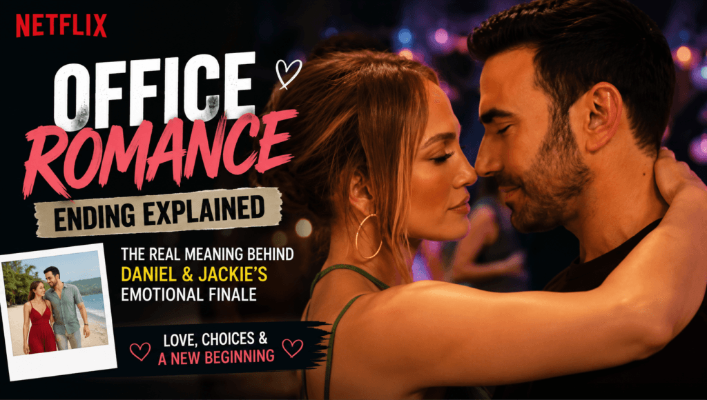 Daniel Blanchflower and Jackie Cruz in Office Romance ending explained banner highlighting their emotional finale and romantic relationship.