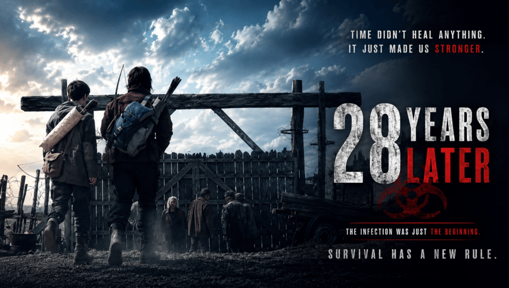 28 Years Later movie banner showing two survivors walking toward a fortified settlement in a post-apocalyptic landscape.
