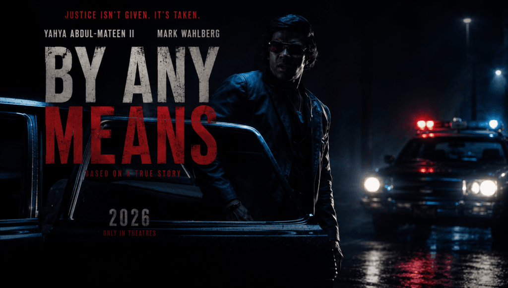 By Any Means 2026 movie banner featuring Yahya Abdul-Mateen II and Mark Wahlberg