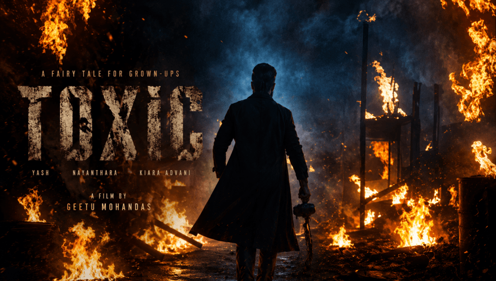 Toxic 2026 movie banner featuring Yash standing amid flames and smoke