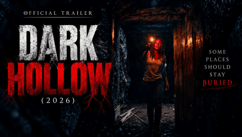 Dark Hollow (2026) horror movie banner showing a woman holding a flame inside a dark underground tunnel, with the movie title and “Some Places Should Stay Buried” tagline.