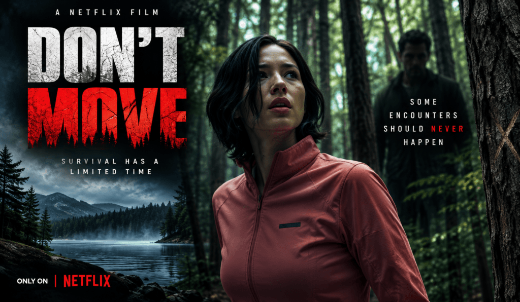Don’t Move 2024 ending explained banner showing Iris in a forest with Richard in the background