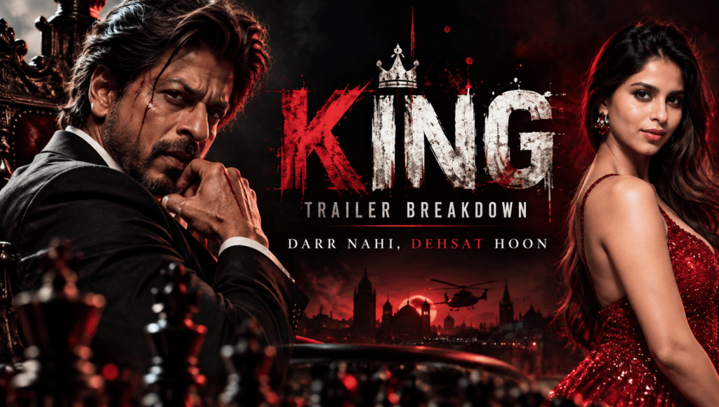 King movie trailer breakdown featuring Shah Rukh Khan and Suhana Khan in a dark action thriller setting
