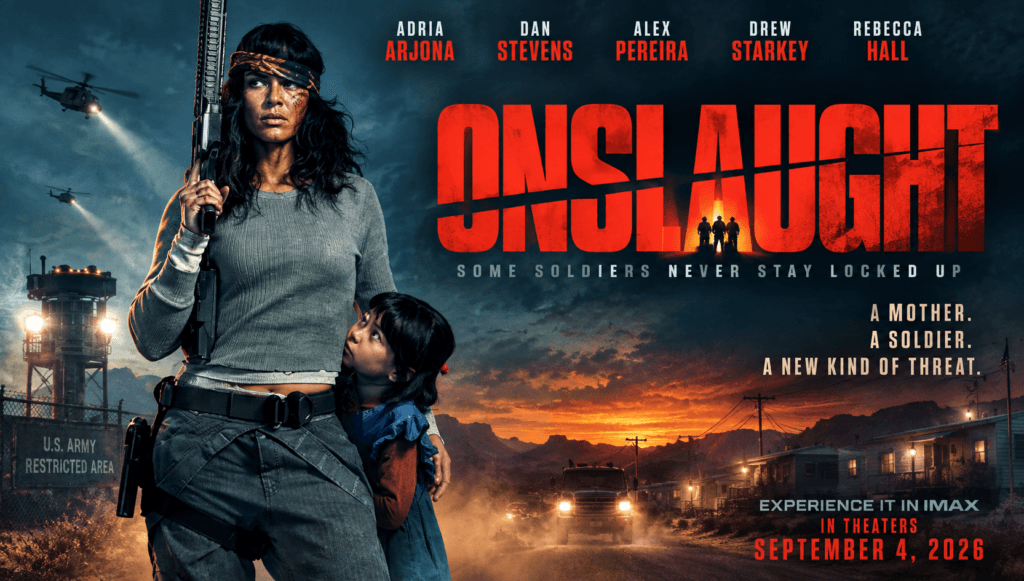 Onslaught 2026 movie banner featuring Adria Arjona as Celeste protecting her daughter