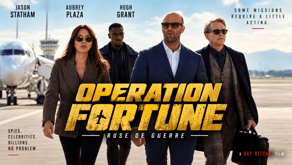 Operation Fortune 2023 banner featuring Jason Statham, Aubrey Plaza and Hugh Grant