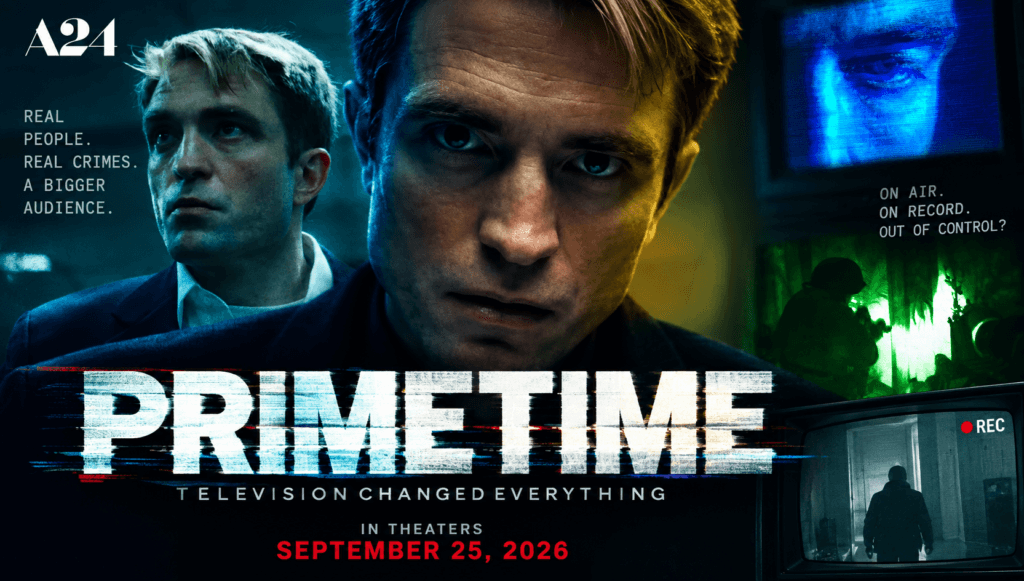 Primetime movie 2026 banner featuring Robert Pattinson in the A24 thriller