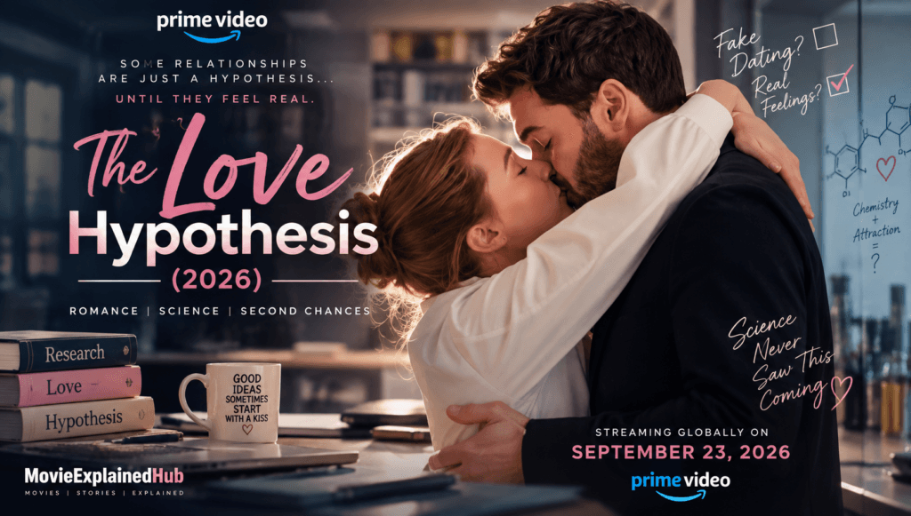 The Love Hypothesis 2026 movie banner featuring Olive Smith and Adam Carlsen in a romantic scene
